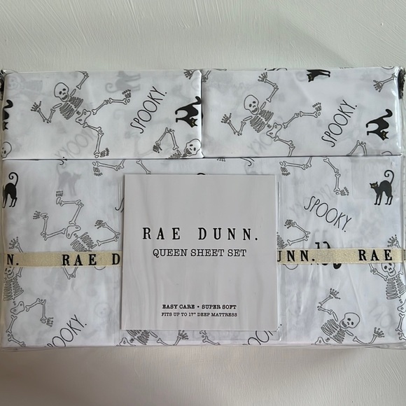 HTF Rae Dunn Halloween Spooky Dancing Skeletons Black Cat Queen Sheet Set - Picture 3 of 10